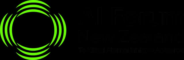 Logo of AI Forum New Zealand with a black circular design and green accents, accompanied by the text 'AI Forum New Zealand' and a Māori phrase 'Te Kahui Atamai Iahiko o Aotearoa'.
